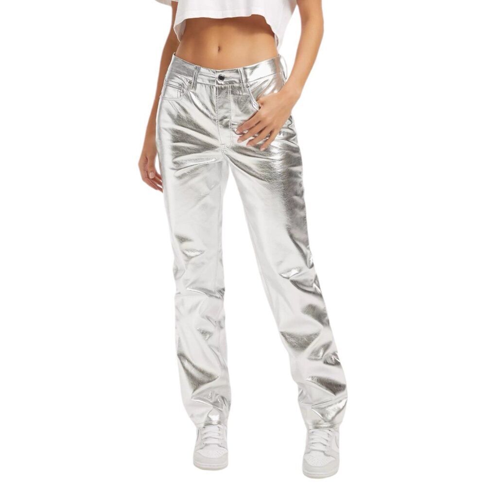 Good American Silver Good Icon Metallic Faux Leather Pants 10